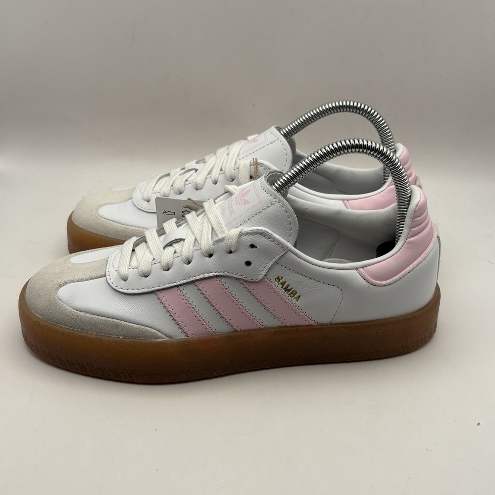 adidas SAMBAE J White Pink Unisex Kids Casual Sneakers Leather Low Top Sz 6